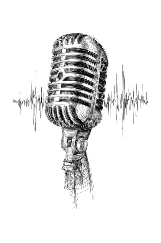 Vintage Microphone Waves Tattoo Illustration