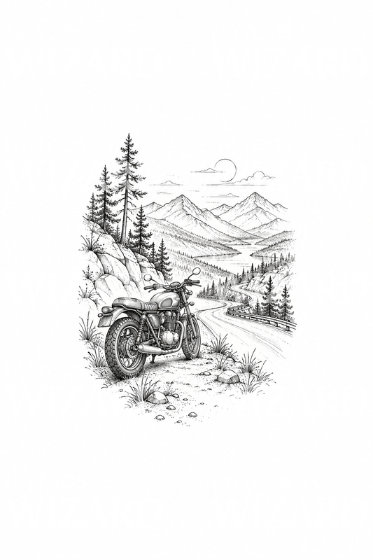Dağ Yolunda Vintage Motosiklet Dövme Tasarımı