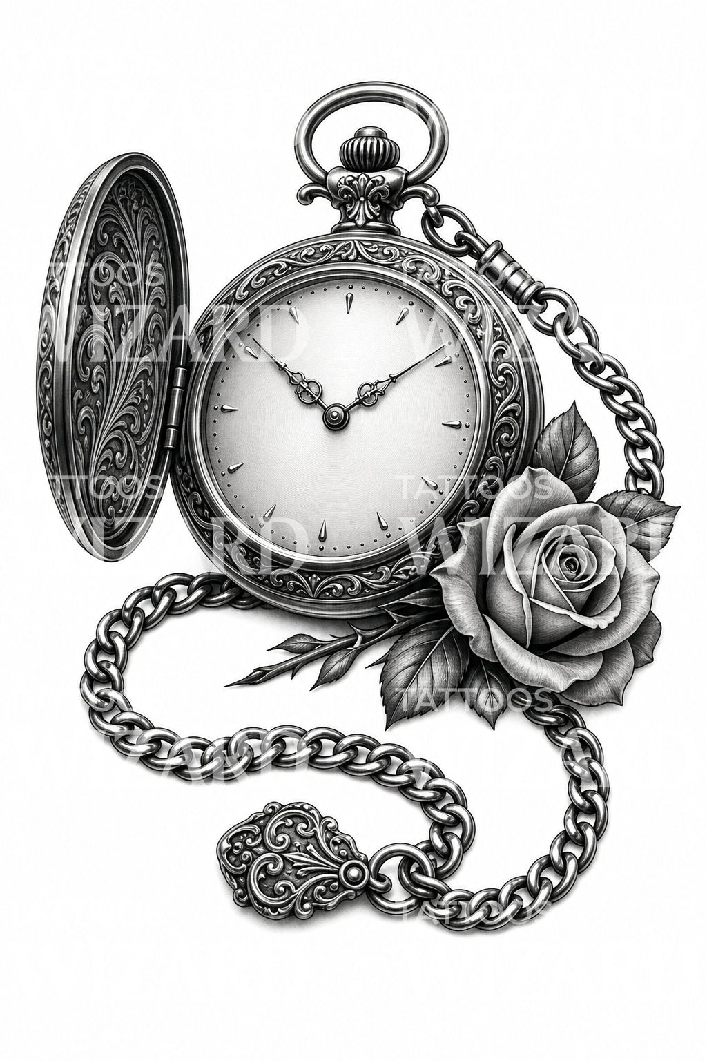 Vintage Pocket Watch with Rose Tattoo Design