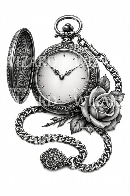 Vintage Pocket Watch with Rose Tattoo Design