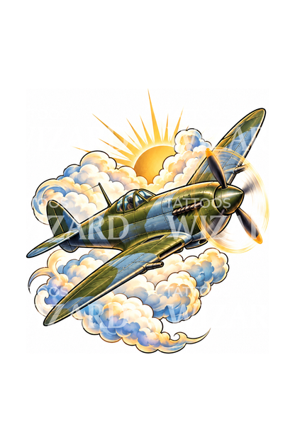 Tatuaggio di aereo da caccia vintage a elica tra le nuvole