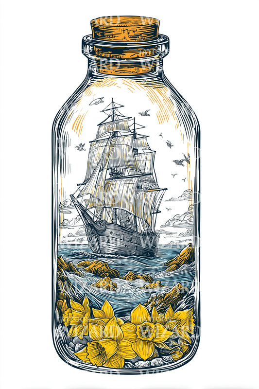 Vintage Ship Floral Tattoo Design