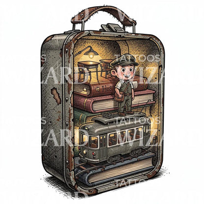 Vintage Suitcase Journey Tattoo Illustration