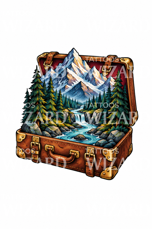 Vintage Suitcase with Mountain Landscape Tattoo Illustration