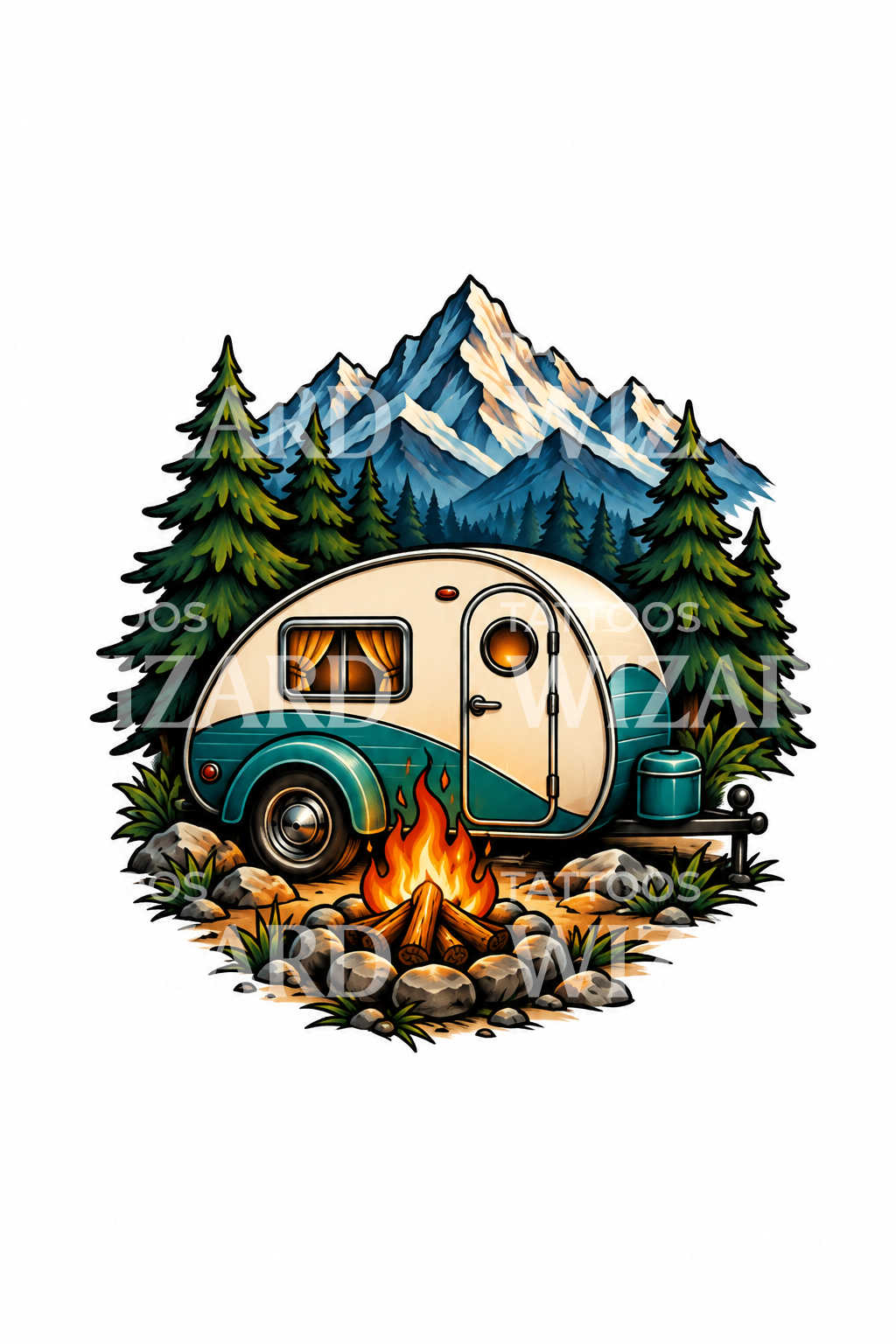 Vintage dråpecampingvogn ved leirbål og fjell, tatoveringsdesign