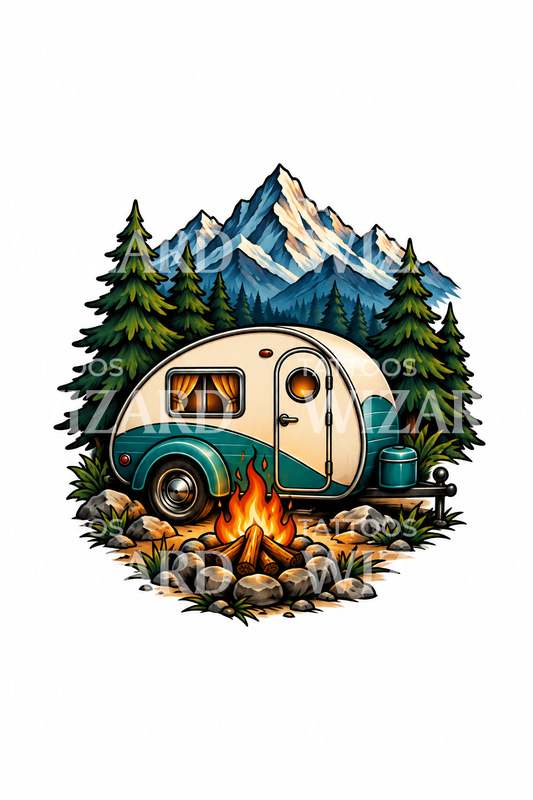 Vintage dråpecampingvogn ved leirbål og fjell, tatoveringsdesign