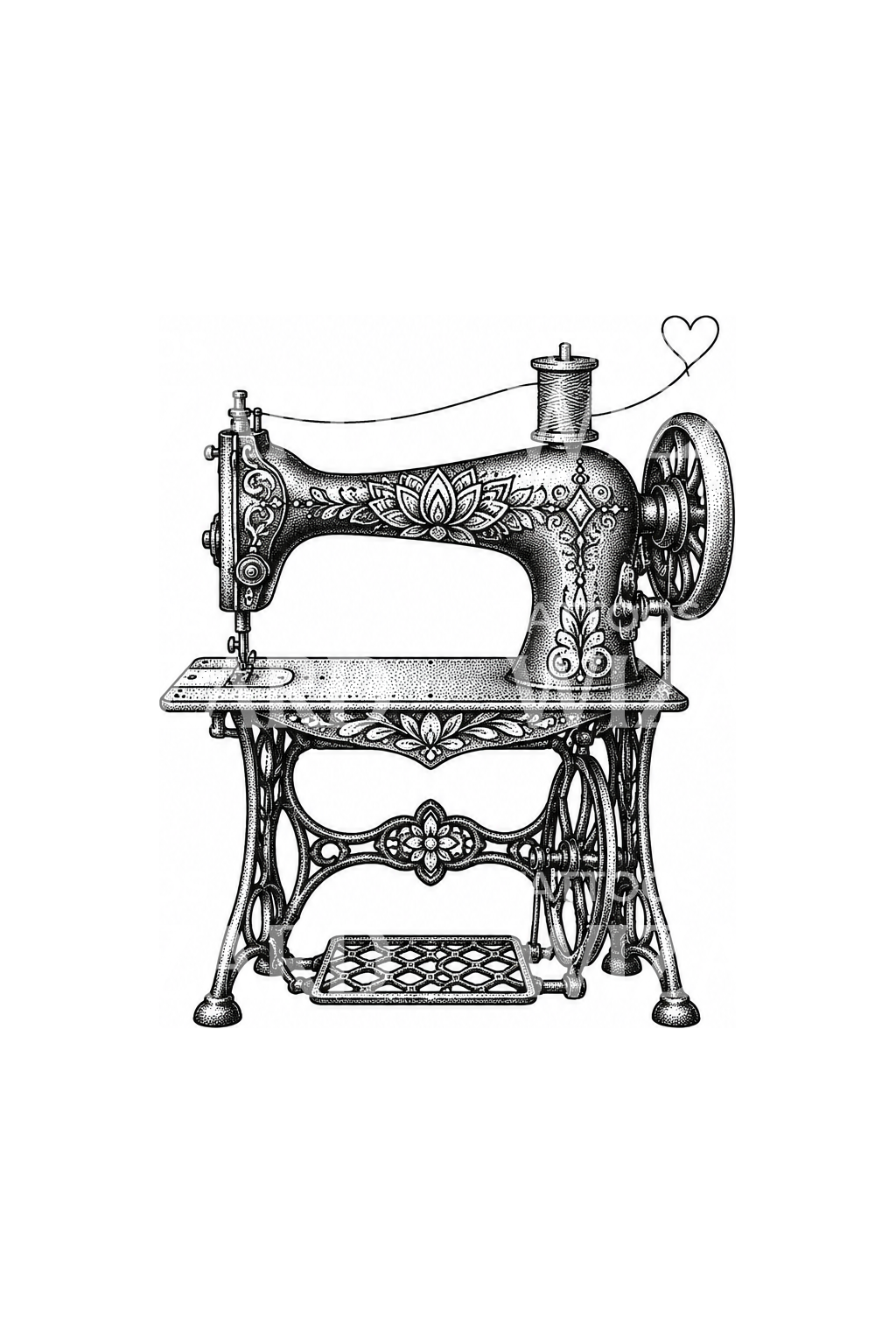 Máquina de costura vintage com coração de linha