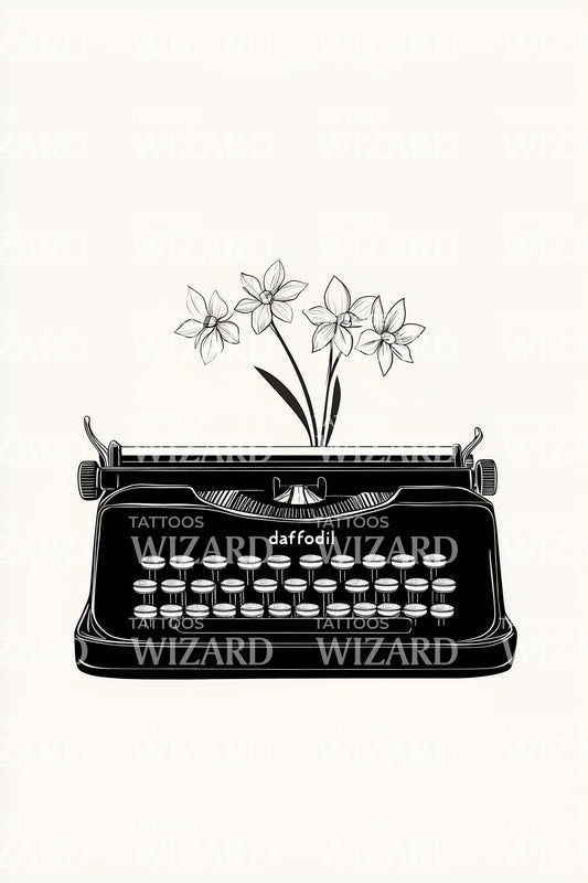 Vintage Typewriter Blossom Tattoo Illustration