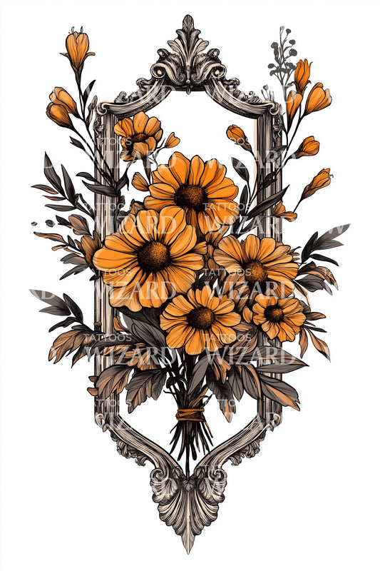Vintage Wood Marigold Tattoo Design