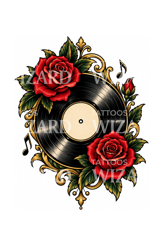 Schallplatte mit roten Rosen und Musiknoten Tattoo