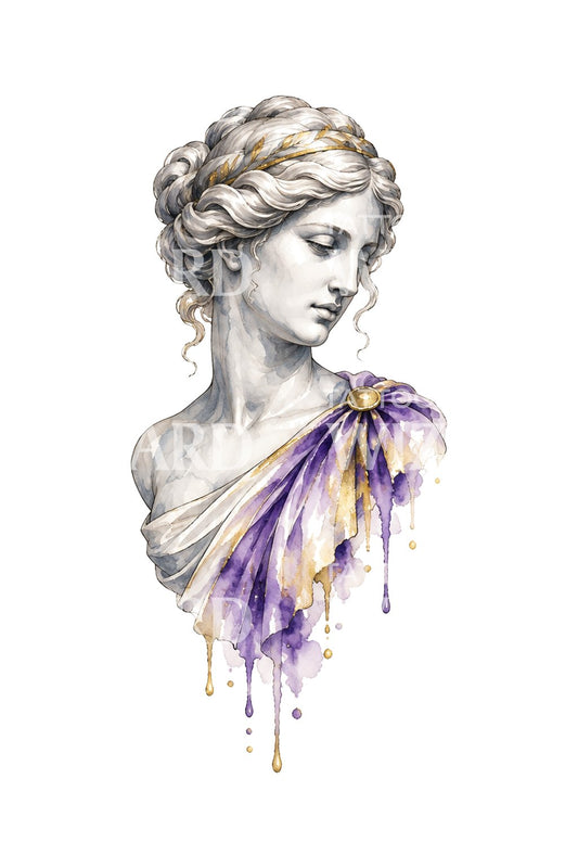 Tattoo-Illustration einer Göttin in Violett und Gold