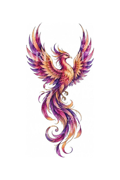 Ilustração de tatuagem em aguarela de fénix violeta e dourada