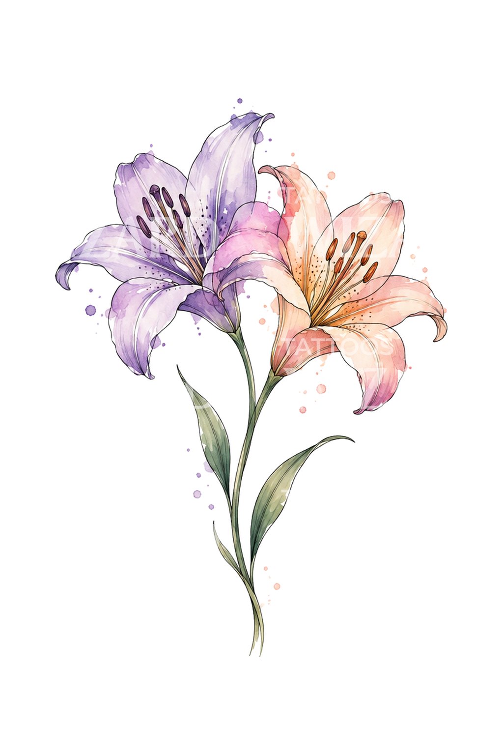 Violet and Peach Lily Pair Watercolor Tattoo Illustration