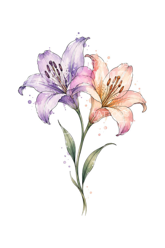 Violet and Peach Lily Pair Watercolor Tattoo Illustration