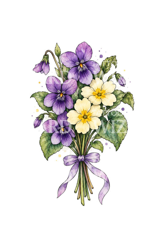 Violet and Primrose Watercolor Posy Tattoo Design