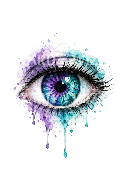 Aquarell-Tattoo-Design mit violett-türkisem Auge