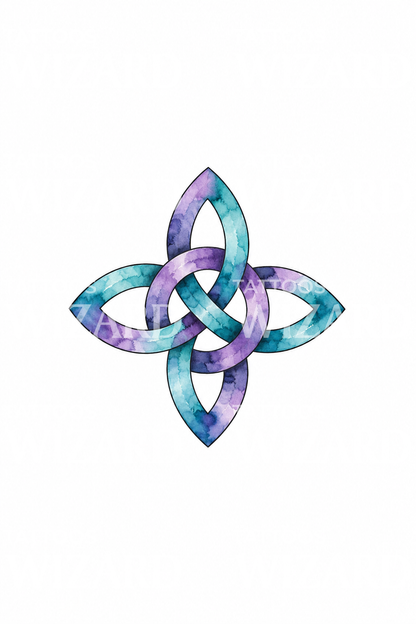 Tatuaggio acquerello nodo delle streghe viola e verde petrolio