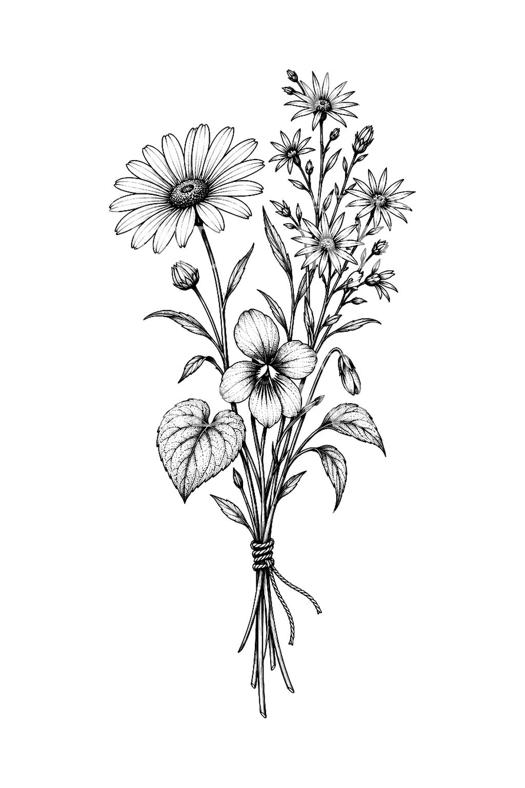 Diseño de tatuaje de ramo de violetas, margaritas y ásteres