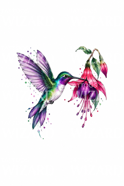 Violet Hummingbird with Fuchsia Bloom Watercolor Tattoo