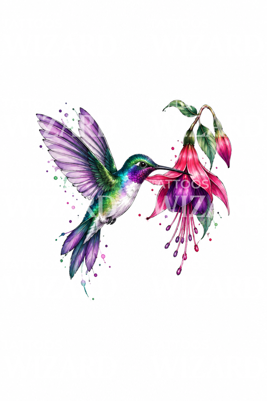 Colibrì viola con fiore fucsia in tatuaggio acquerello