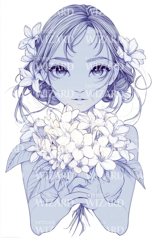 紫色绣球花少女纹身插图