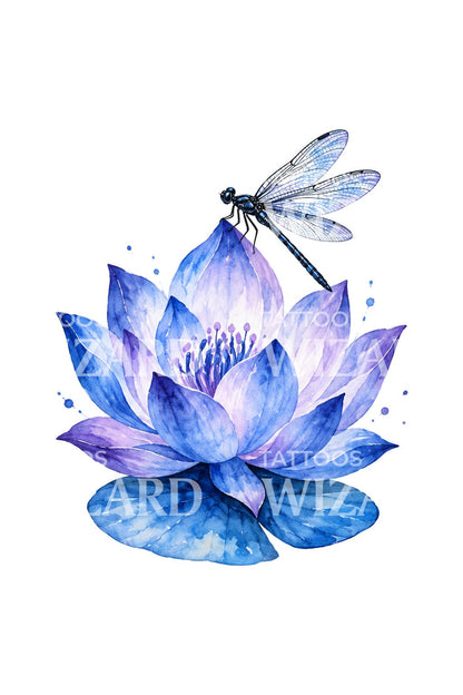 Lila lotus med trollslända, tatueringsdesign