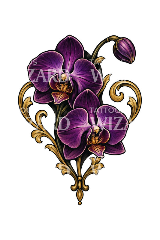 Orchidée violette aux volutes dorées, motif de tatouage