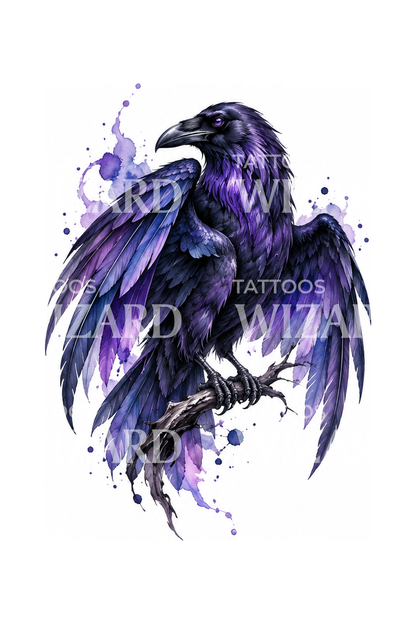 Tatouage corbeau violet à l’aquarelle