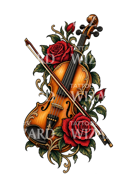 Ideia de tatuagem de violino, arco e rosas vermelhas
