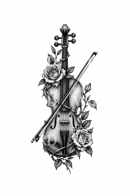 Tatuaggio violino e rose in dotwork
