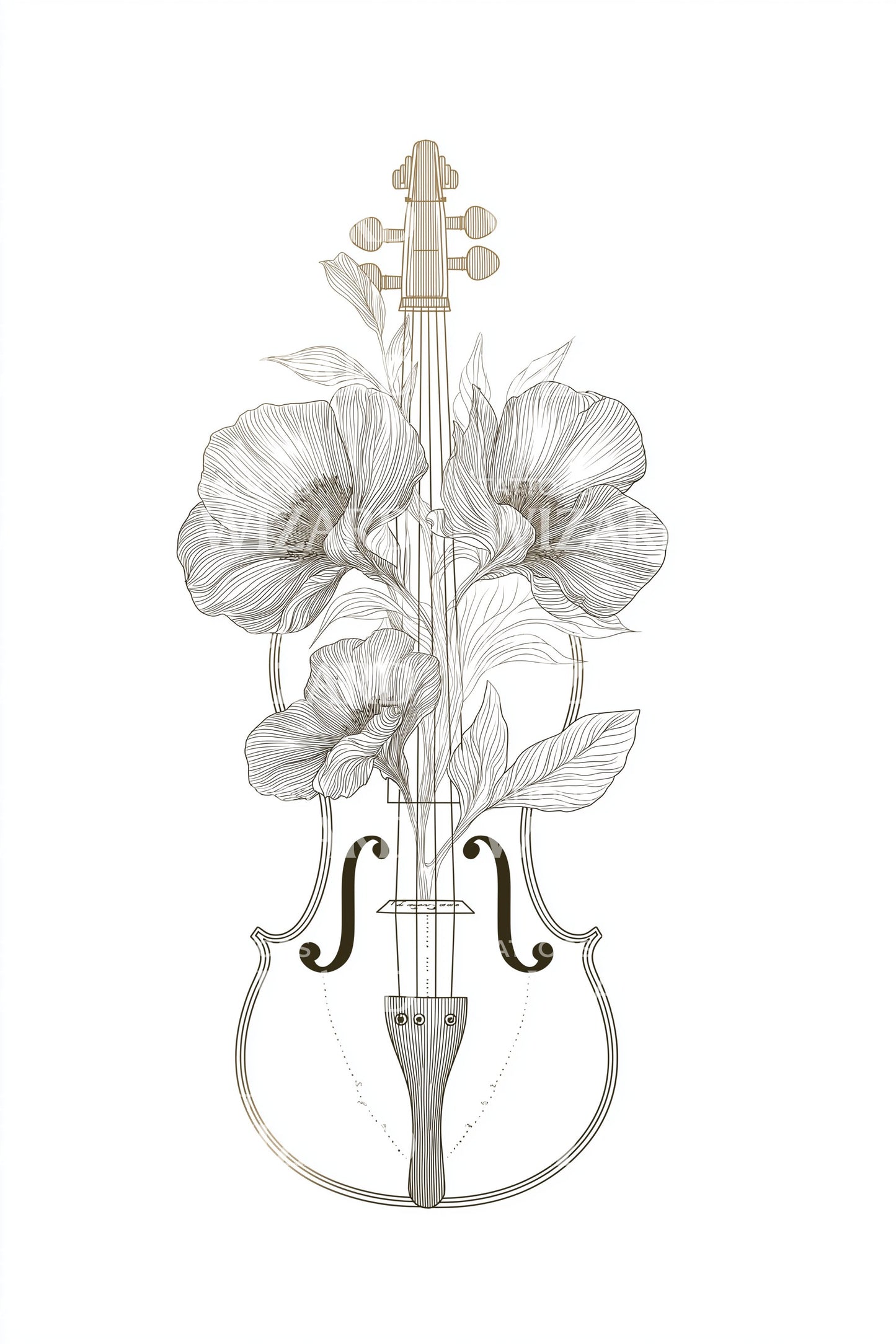 Violin Peony Arrangement Tattoo Illustration