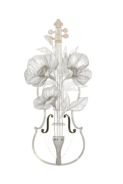 Violin Peony Arrangement Tattoo Illustration