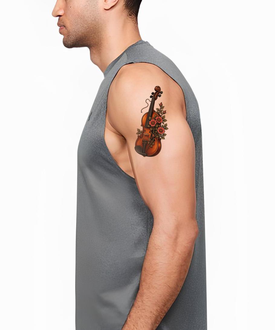 Violin with Wild Roses Tattoo Design