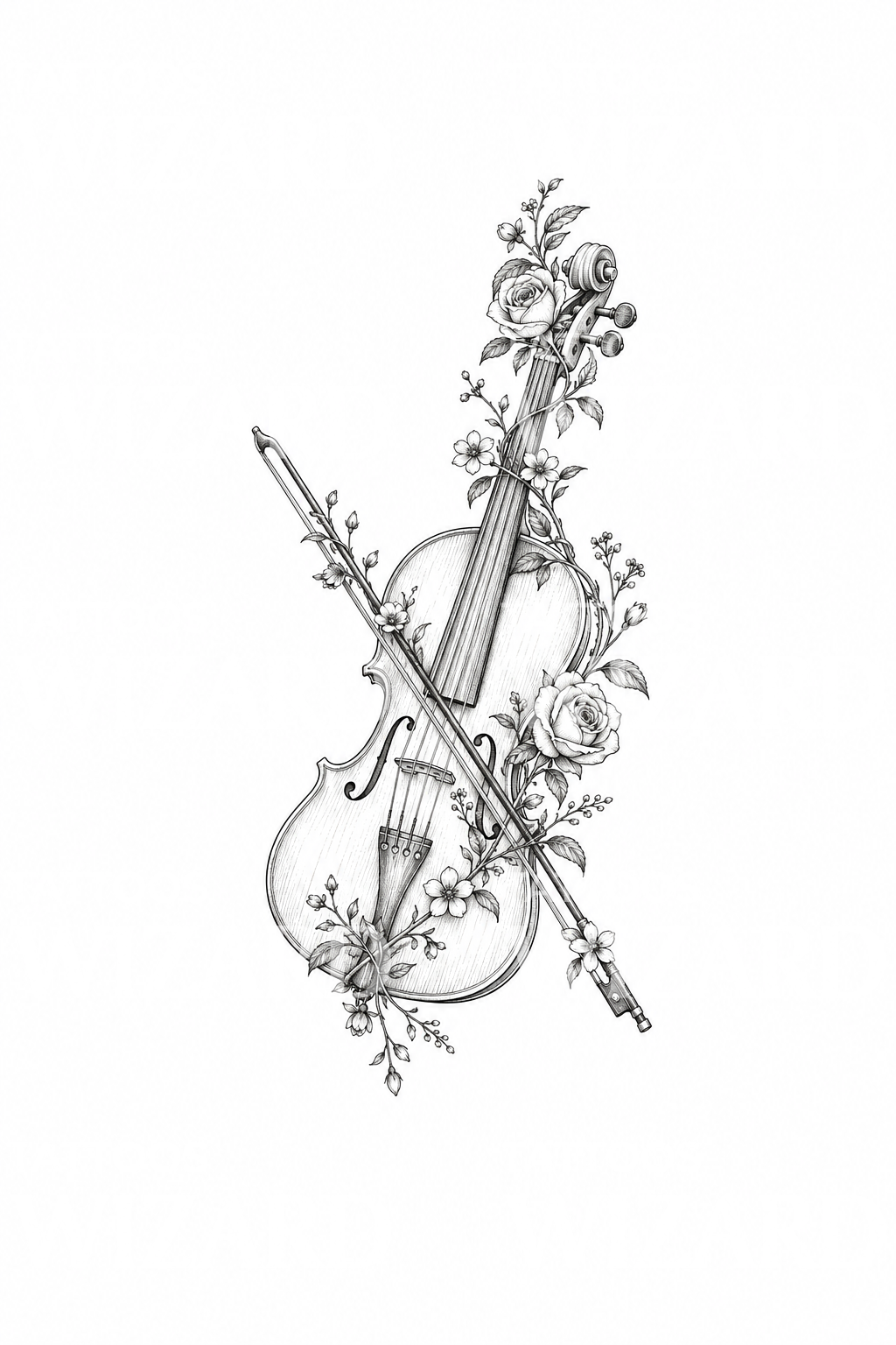 Violine mit Kletterrosen als Fine-Line-Tattoo