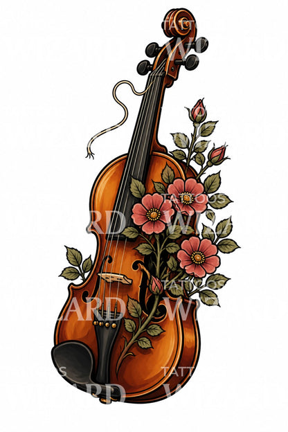 Violin with Wild Roses Tattoo Design