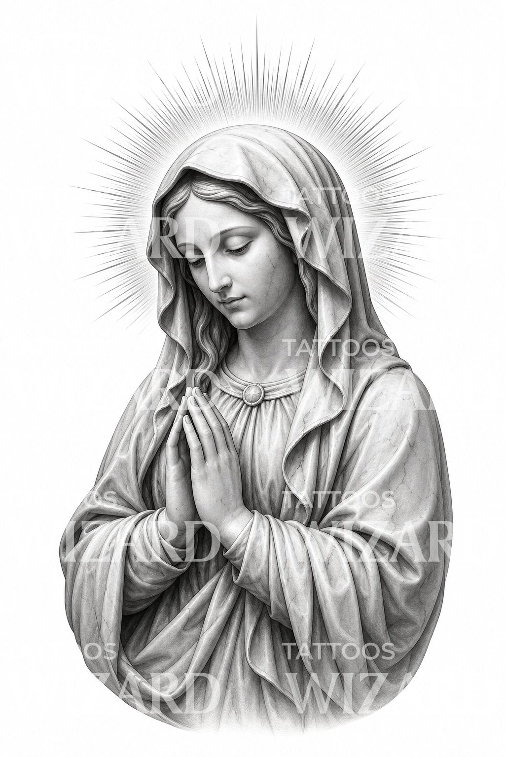 Virgin Mary Statue Black and Grey Tattoo Design