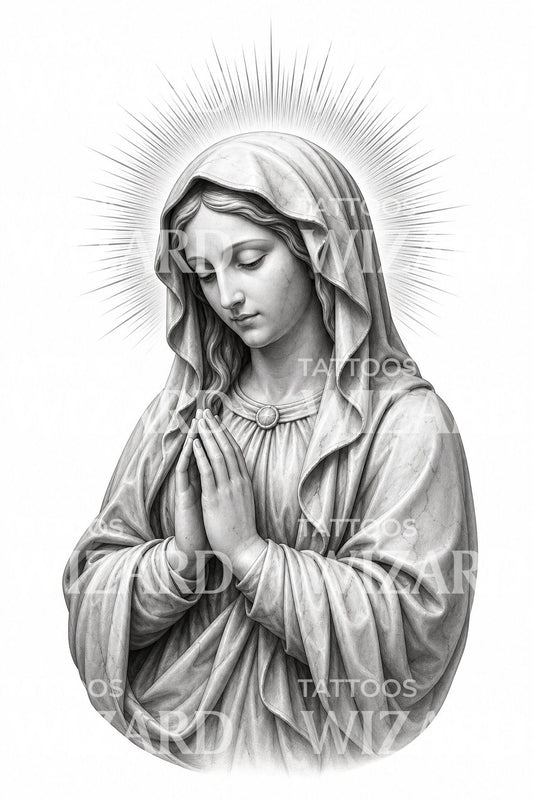 Virgin Mary Statue Black and Grey Tattoo Design