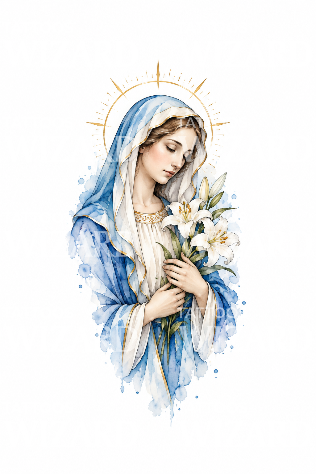 Virgen María con la cabeza inclinada y lirios, tatuaje en acuarela