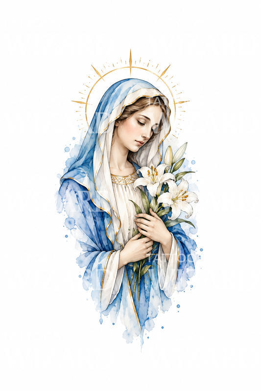 Vierge Marie tête inclinée tenant des lys, tatouage aquarelle