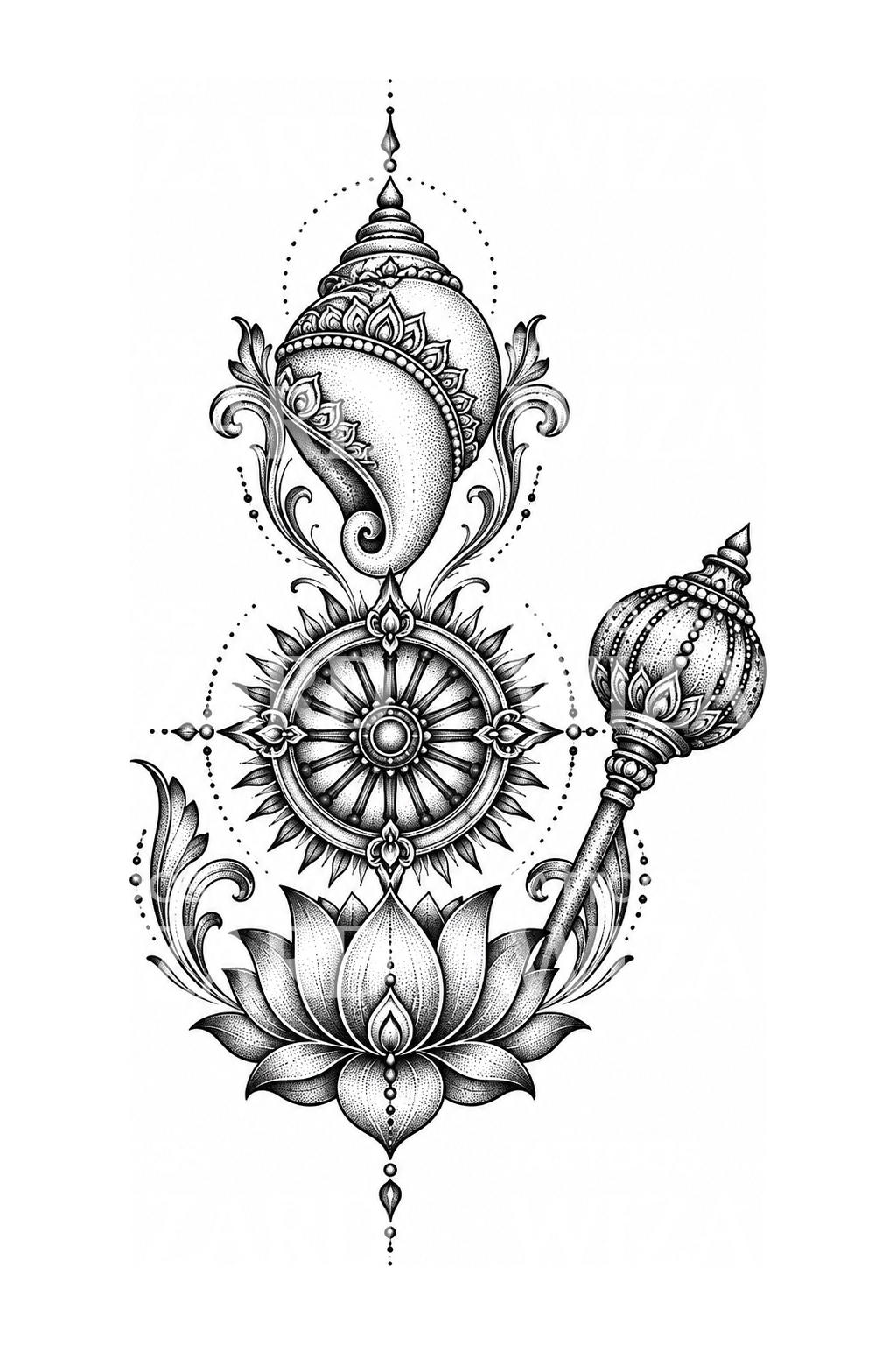 Vishnu Conch Chakra and Lotus Dotwork Tattoo Design