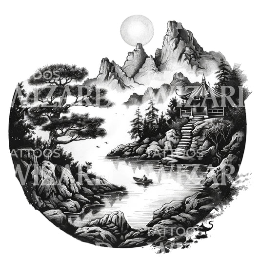 Japanese Landscape Dotwork Tattoo Design