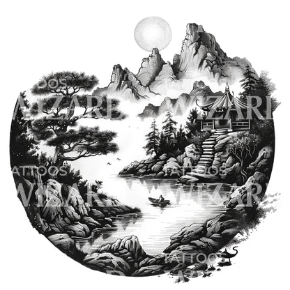 Japanese Landscape Dotwork Tattoo Design