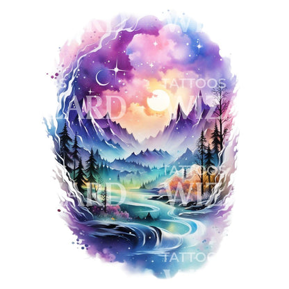 Watercolor Aurora Borealis Half Sleeve Tattoo Design