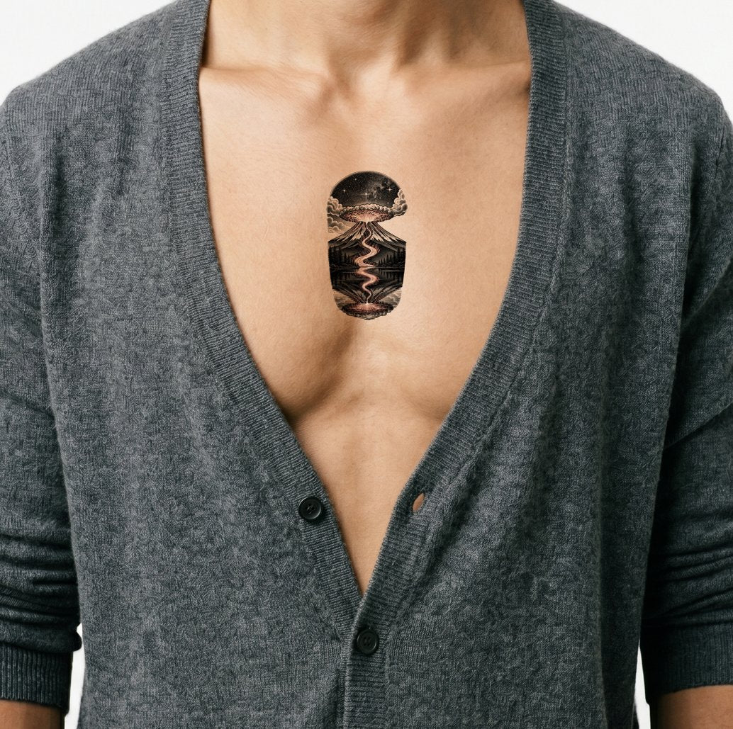 Design de tatouage montagne en éruption la nuit