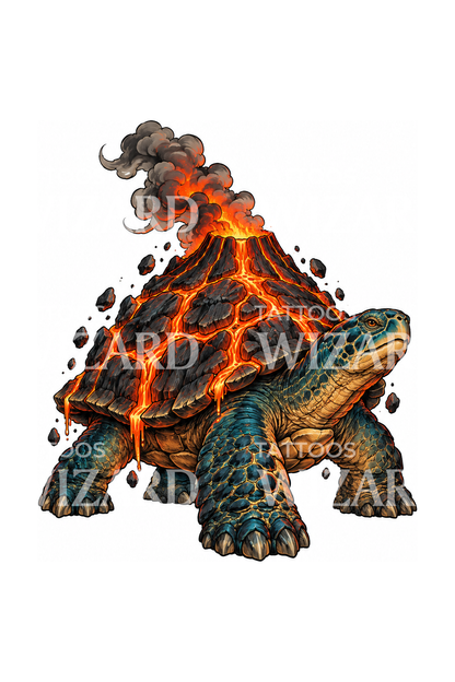 Illustration af kaiju-skildpadde med vulkansk skjold