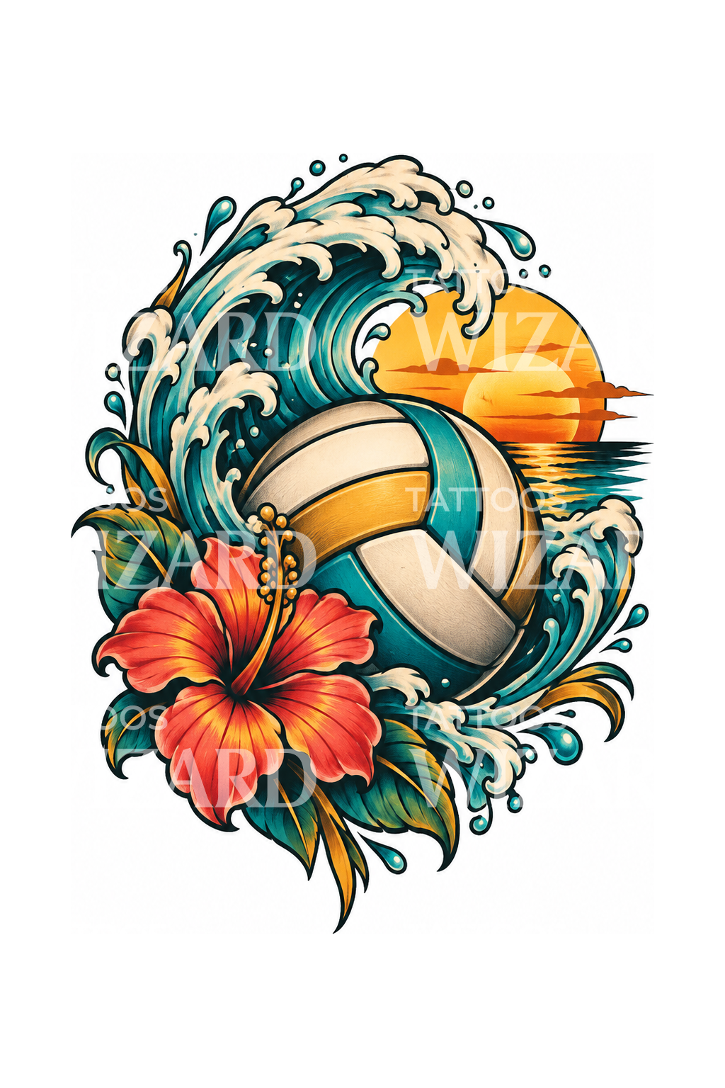 Wave Tattoo Pattern Volleyball Hibiscus Wave and Sunset Tattoo – Tattoos Wizard Designs