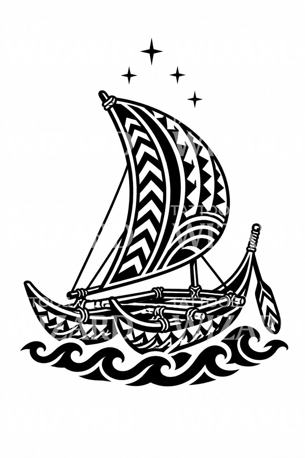 Voyaging Canoe Under Stars Tattoo Design