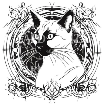 Siamese Cat Head with Floral Patterns Circle Tattoo Design