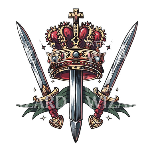 Conception de tatouage de couronne et de trois épées à l'ancienne
