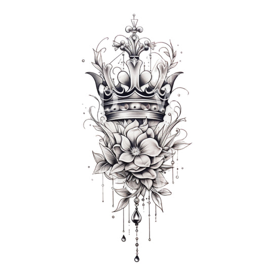 Black and Grey Crown and Flowers Tattoo Design